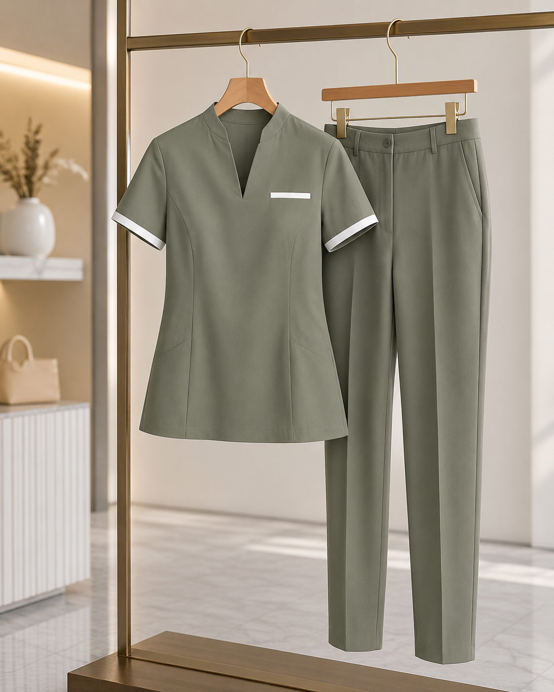 Women’s Olive Green Spa Uniform Set – Personalized Salon Tunic & Pants