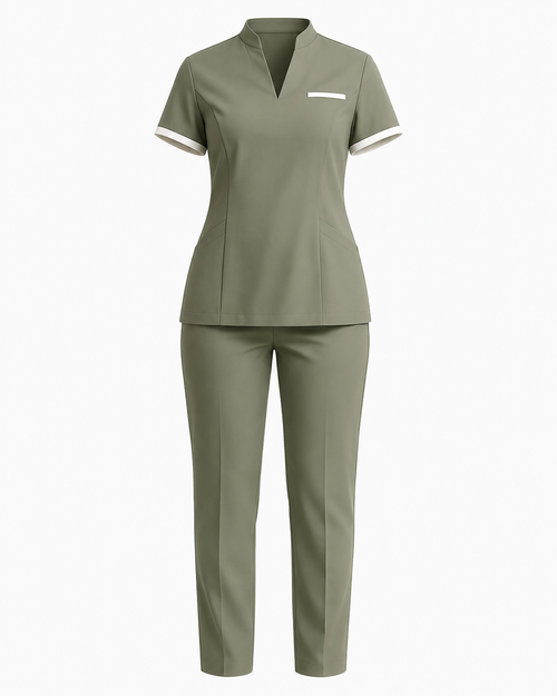 Women’s Olive Green Spa Uniform Set – Personalized Salon Tunic & Pants