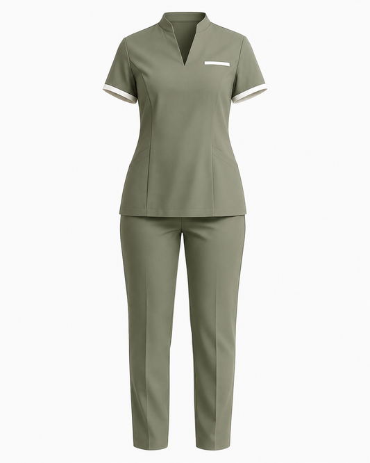 Women’s Olive Green Spa Uniform Set – Personalized Salon Tunic & Pants