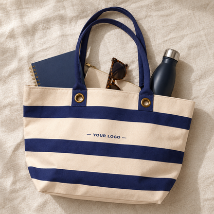 Striped Canvas Tote Bag with Logo – Nautical Beach & Shopping Tote