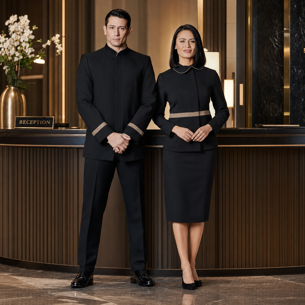 Women’s Hotel Receptionist Uniform with Logo – Black Beige Front Desk Outfit