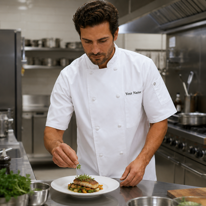 Short Sleeve Chef Coat – White Kitchen Uniform Jacket with Logo