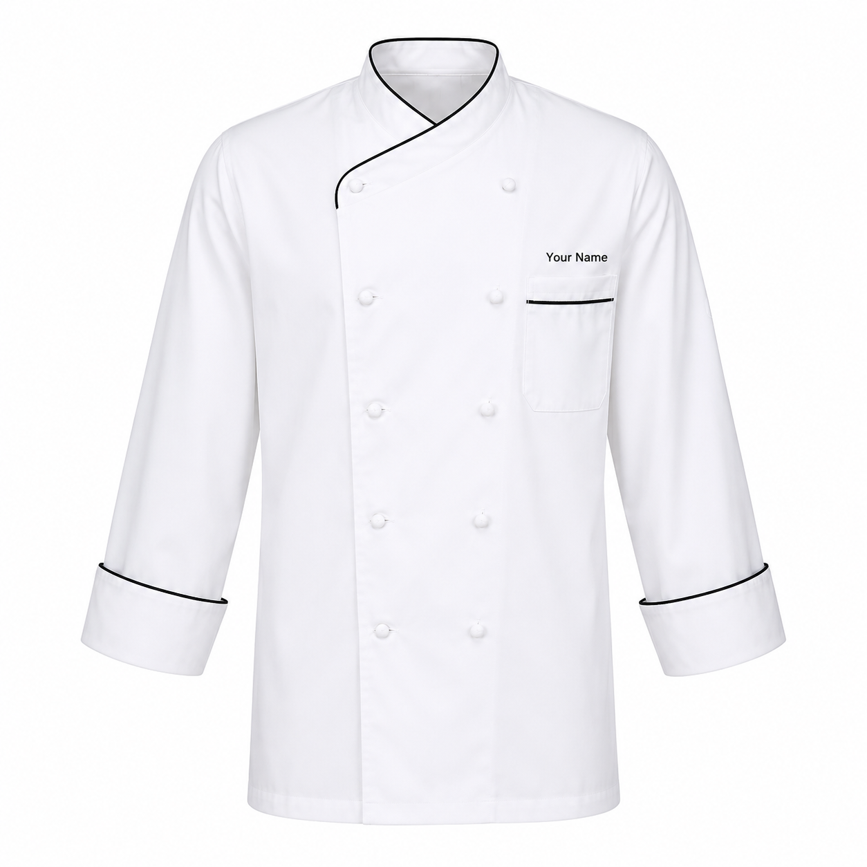 Long Sleeve Chef Coat with Name – White Chef Jacket with Black Piping