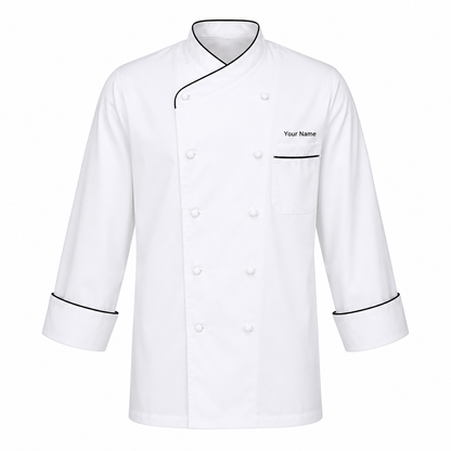 Long Sleeve Chef Coat with Name – White Chef Jacket with Black Piping
