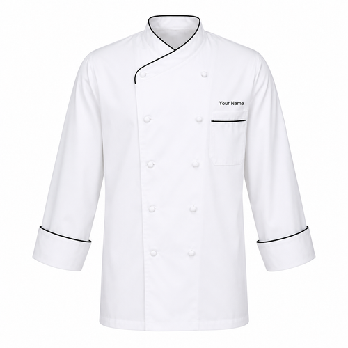 Long Sleeve Chef Coat with Name – White Chef Jacket with Black Piping