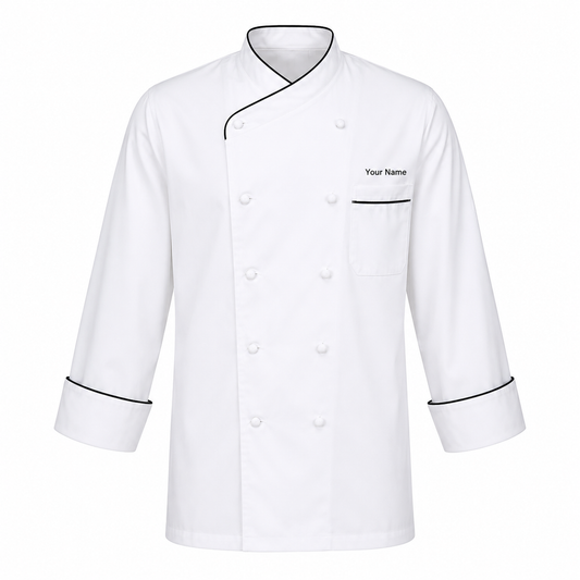 Long Sleeve Chef Coat with Name – White Chef Jacket with Black Piping