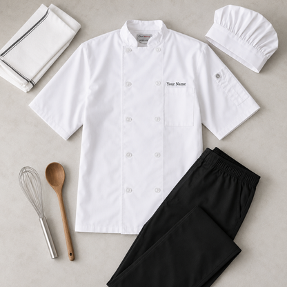 Short Sleeve Chef Coat – White Kitchen Uniform Jacket with Logo