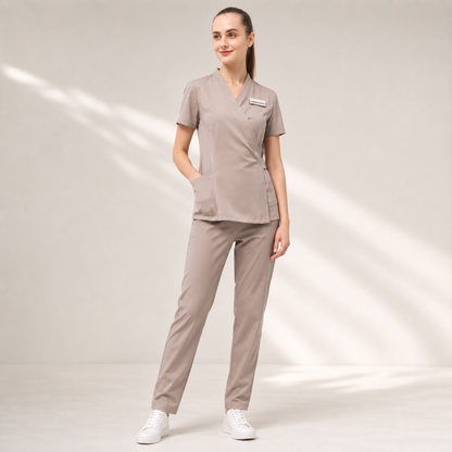 Embroidered Salon Uniform Set – Women’s Wrap Tunic & Pants for Spa Teams