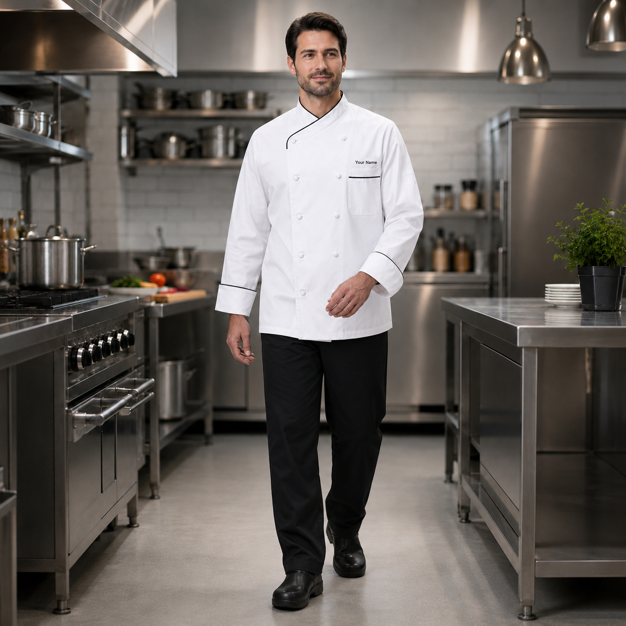 Long Sleeve Chef Coat with Name – White Chef Jacket with Black Piping
