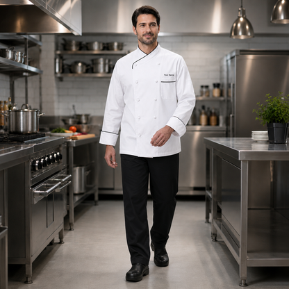 Long Sleeve Chef Coat with Name – White Chef Jacket with Black Piping