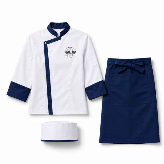 3-Piece Chef Uniform Set – Embroidered Jacket, Apron & Hat for Restaurant Staff