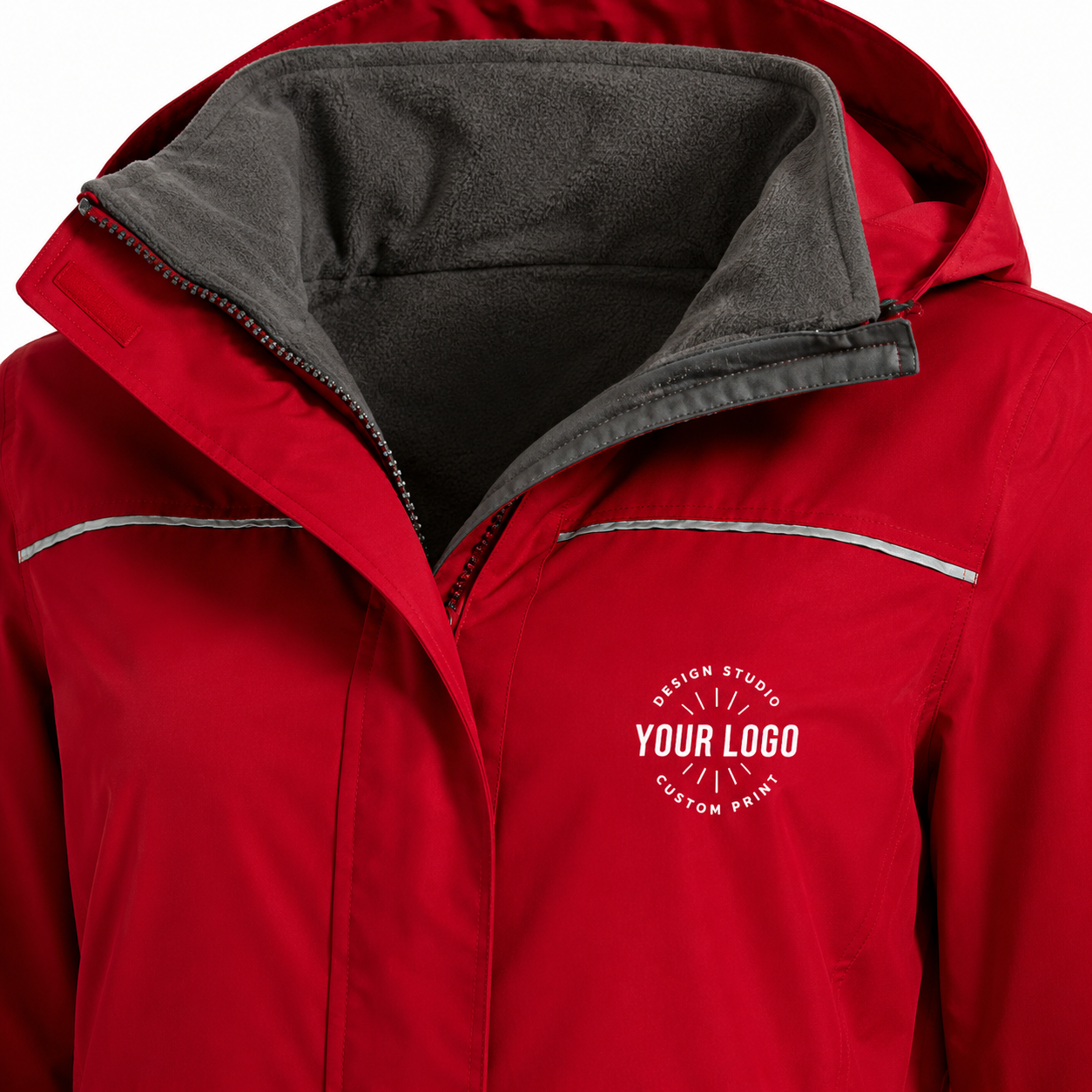 Women’s Waterproof Jacket with Logo – Red Fleece-Lined Hooded Jacket