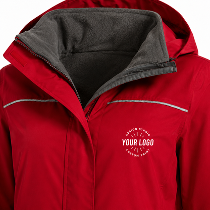 Women’s Waterproof Jacket with Logo – Red Fleece-Lined Hooded Jacket