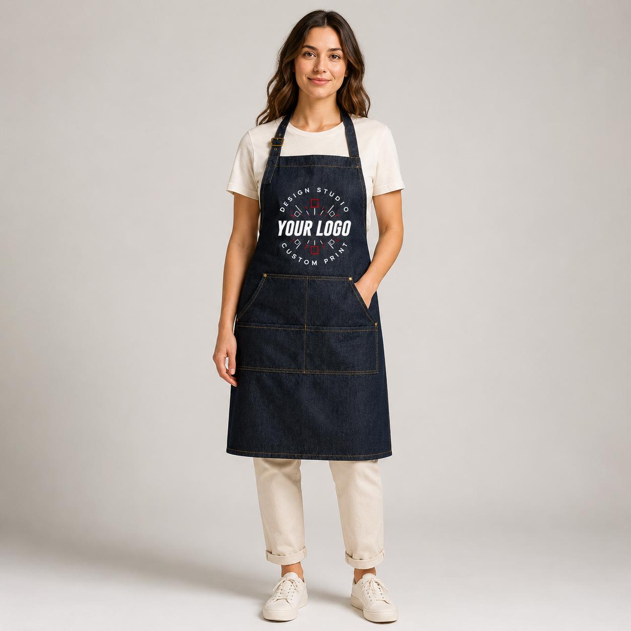 Logo Denim Bib Apron – Unisex Work Apron with Pockets