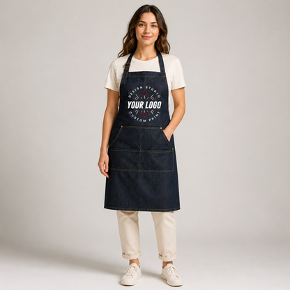 Logo Denim Bib Apron – Unisex Work Apron with Pockets
