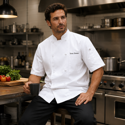 Short Sleeve Chef Coat – White Kitchen Uniform Jacket with Logo