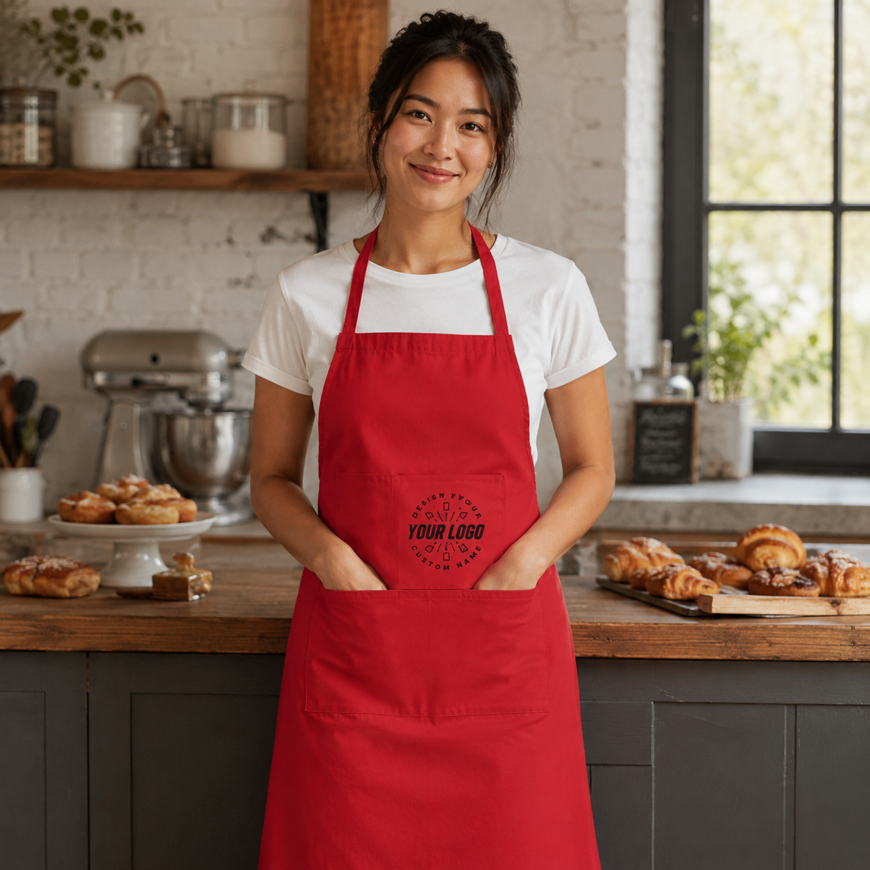Logo Full-Length Bib Apron – Work Apron with Front Pocket for Cafe & Restaurant Staff