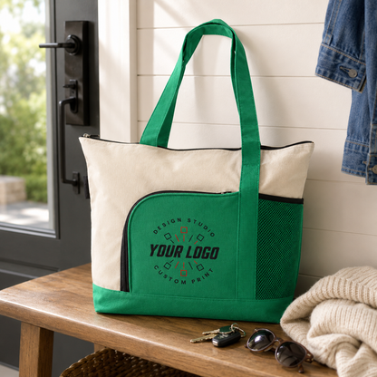 Multi-Pocket Zipper Tote Bag with Logo – Promotional Travel & Event Bag