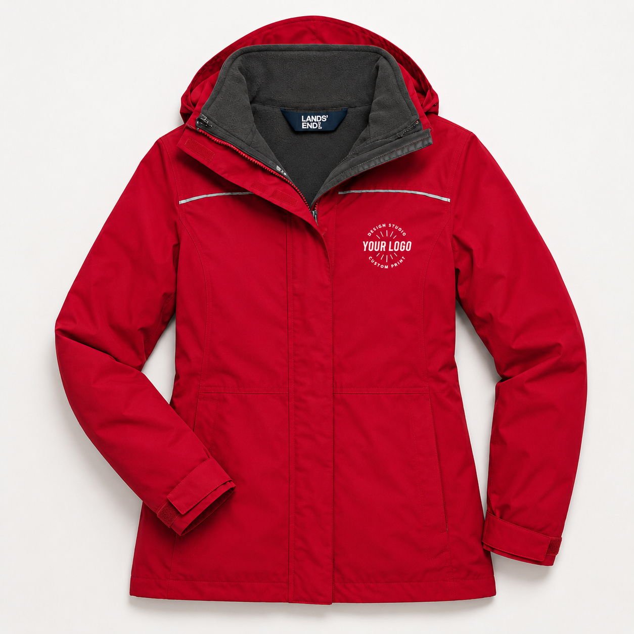 Women’s Waterproof Jacket with Logo – Red Fleece-Lined Hooded Jacket