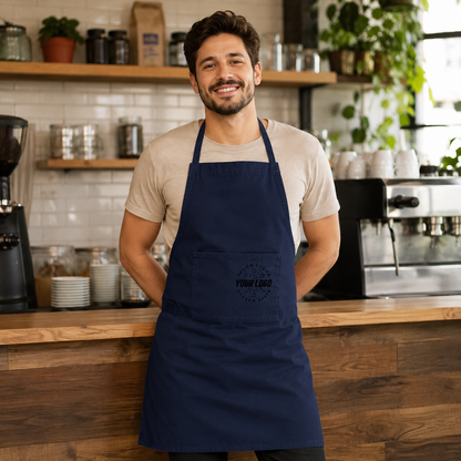Logo Full-Length Bib Apron – Work Apron with Front Pocket for Cafe & Restaurant Staff