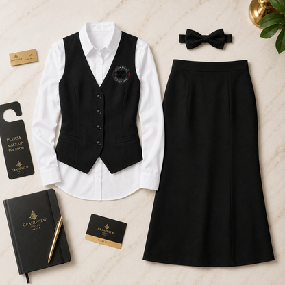 Women’s Waitress Uniform Set with Logo – Formal Restaurant Service Outfit