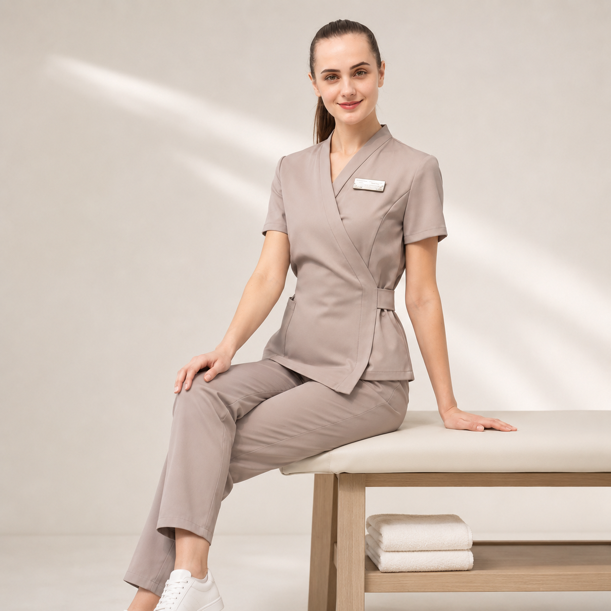 Embroidered Salon Uniform Set – Women’s Wrap Tunic & Pants for Spa Teams