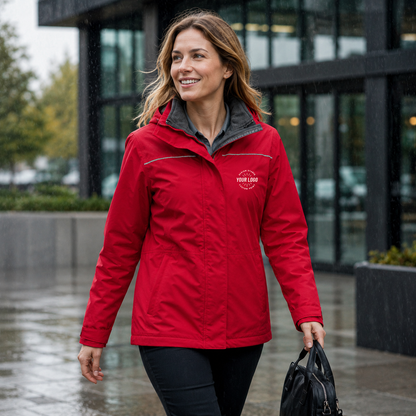 Women’s Waterproof Jacket with Logo – Red Fleece-Lined Hooded Jacket