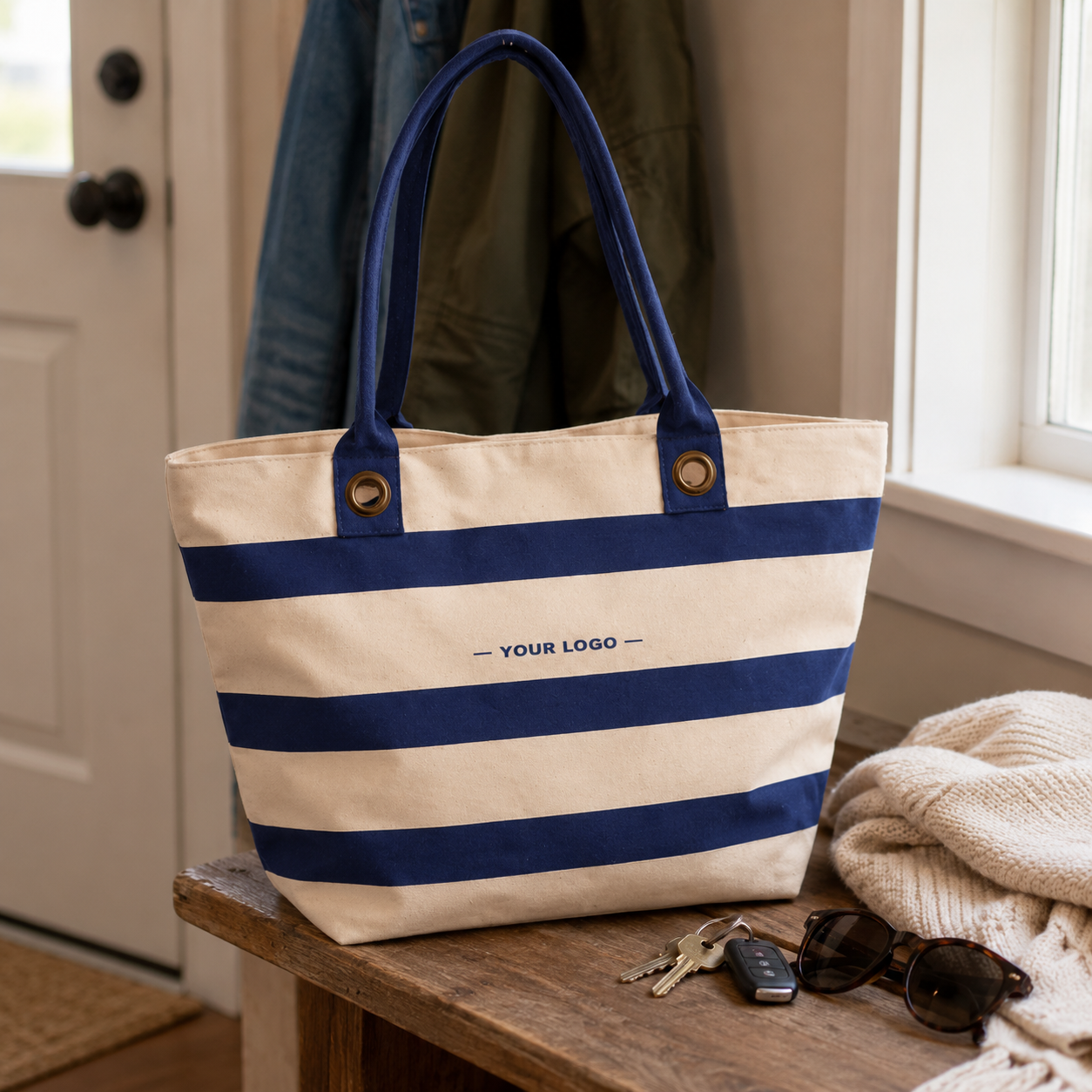 Striped Canvas Tote Bag with Logo – Nautical Beach & Shopping Tote