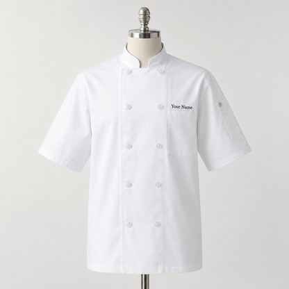 Short Sleeve Chef Coat – White Kitchen Uniform Jacket with Logo