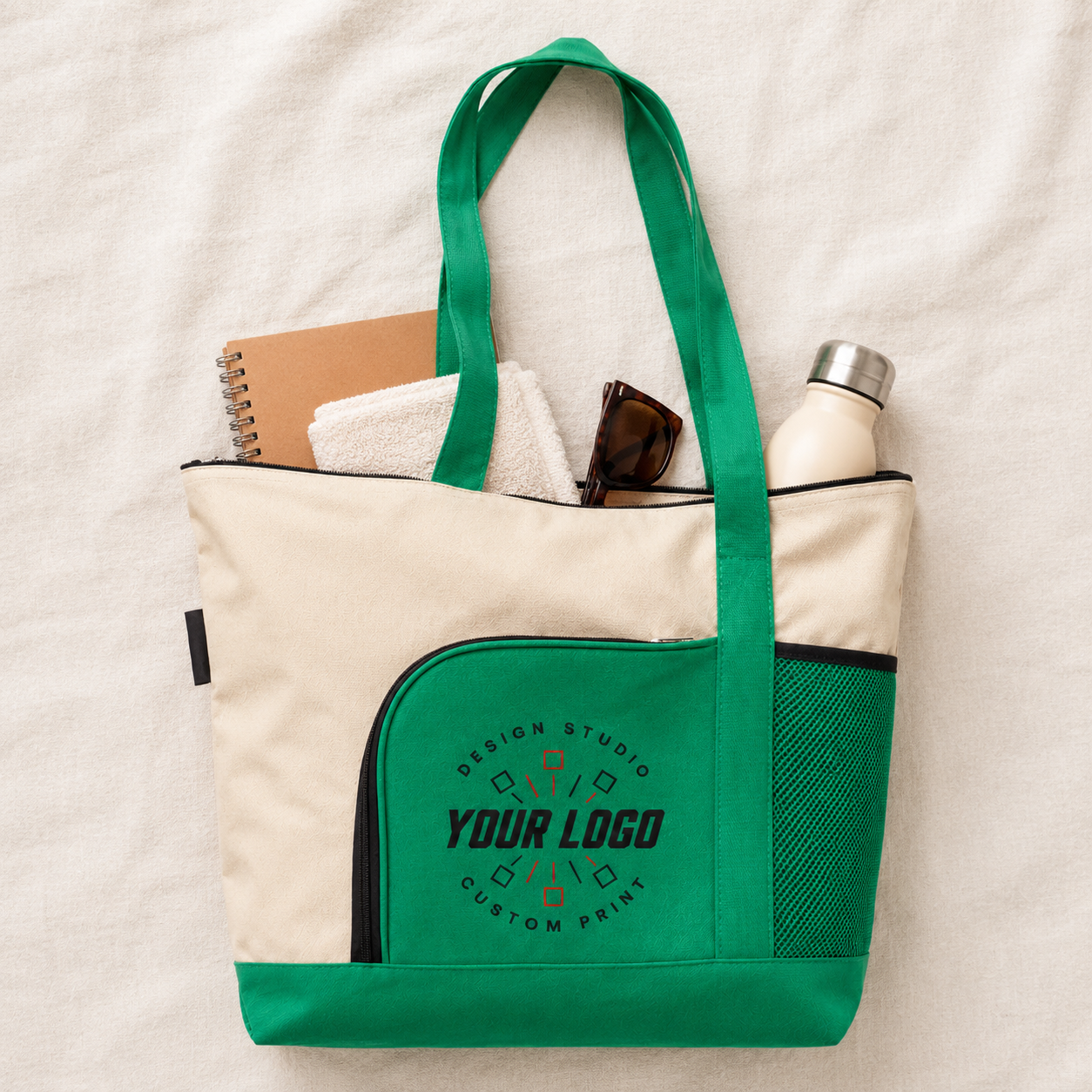 Multi-Pocket Zipper Tote Bag with Logo – Promotional Travel & Event Bag